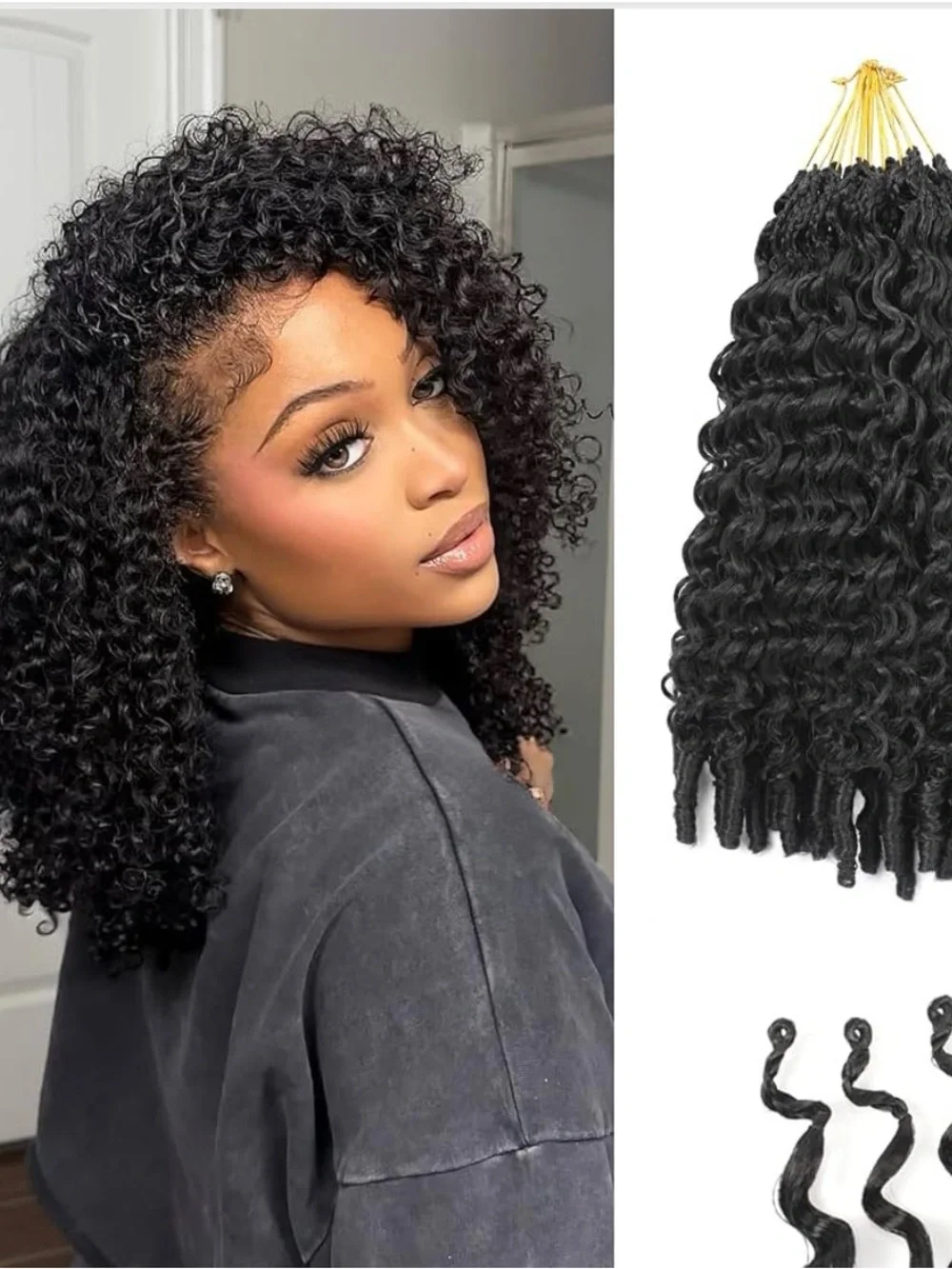 Burmese Human Curly Crochet Hair Extensions - Black knotless 8packs 14”